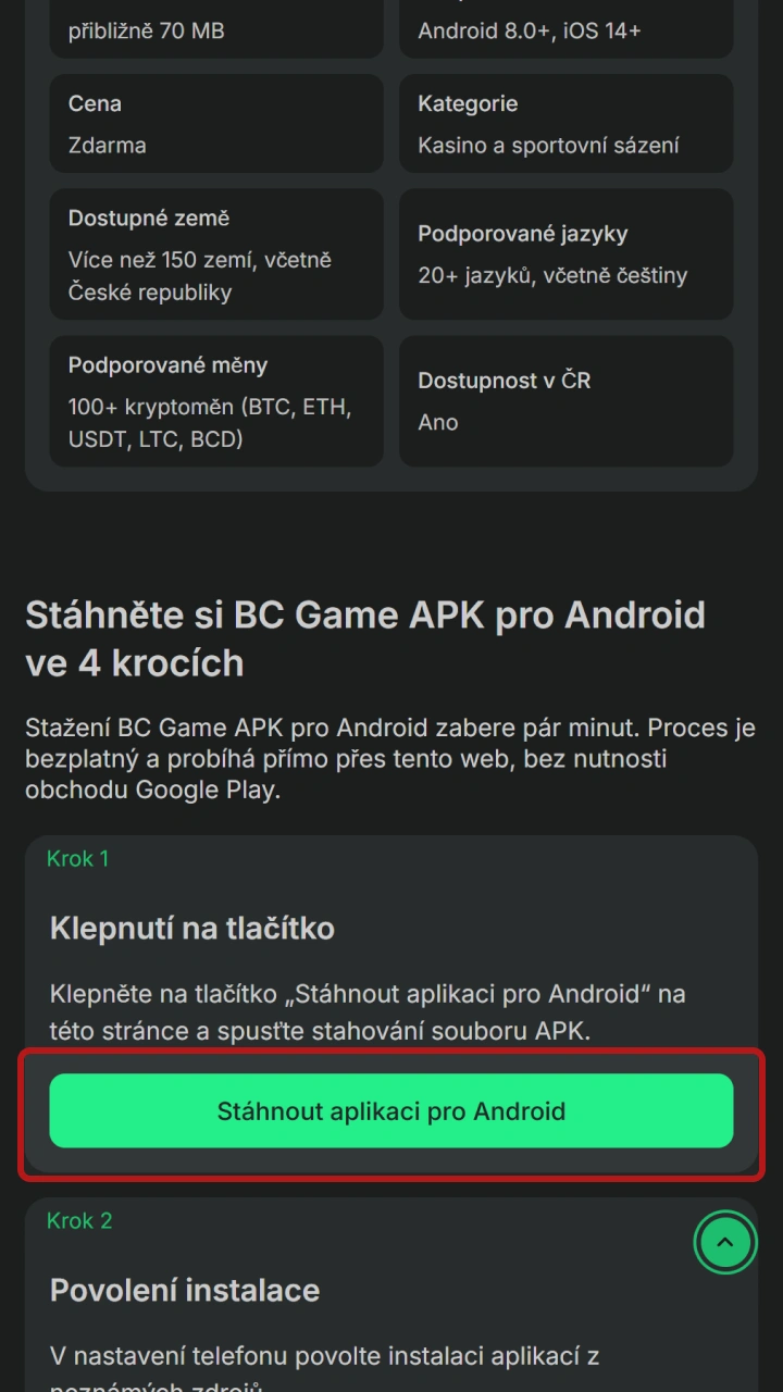 Klikněte na tlačítko pro stažení Android APK souboru BC Game aplikace.