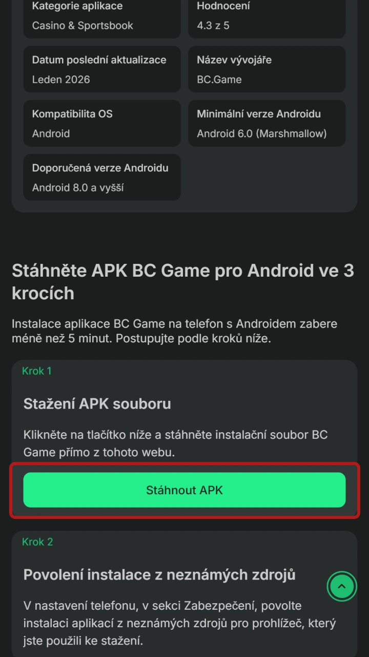 Klikněte na tlačítko pro stažení Android APK souboru aplikace BC Game.