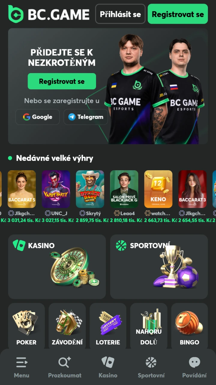 Prohlédněte si hlavní obrazovku v aplikaci BC Game pro Android.