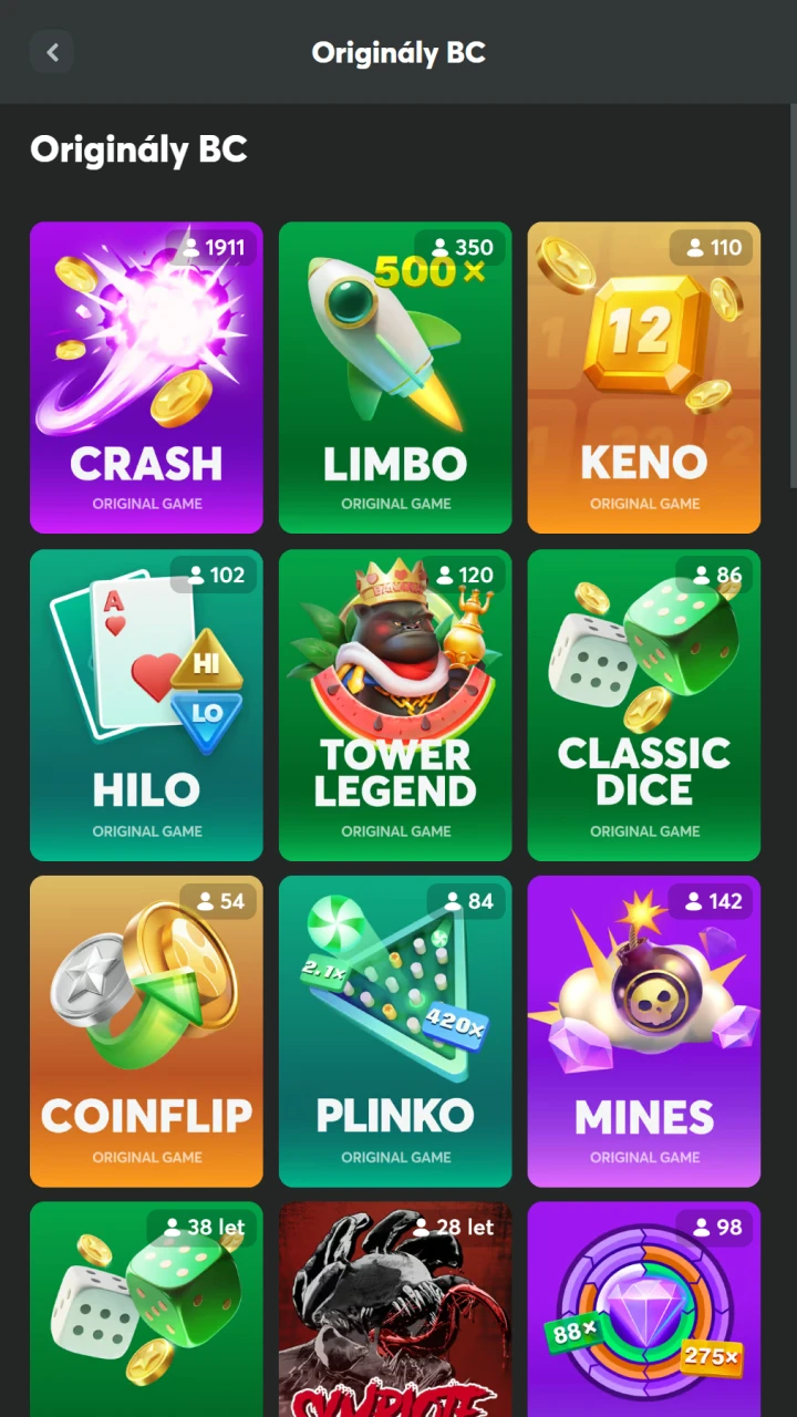 Otevřete si katalog kasinových her v aplikaci BC Game pro Android.