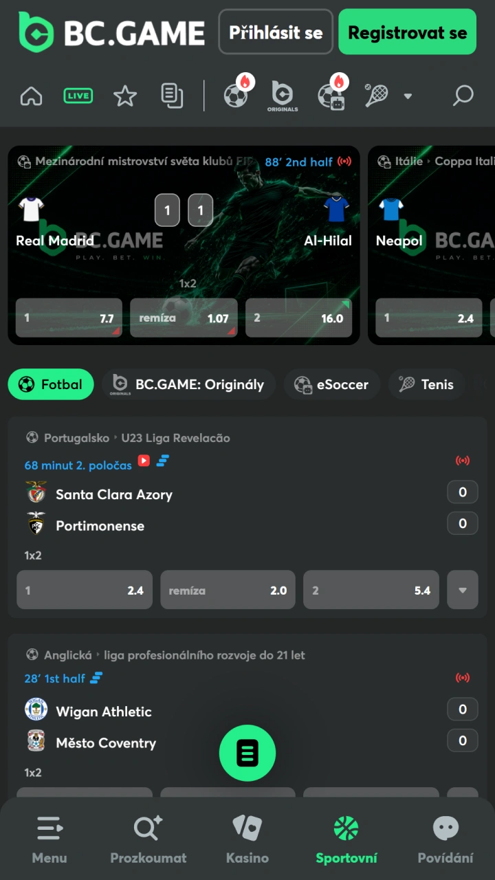 Sledujte nabídku kurzů na sport v aplikaci BC Game pro Android.