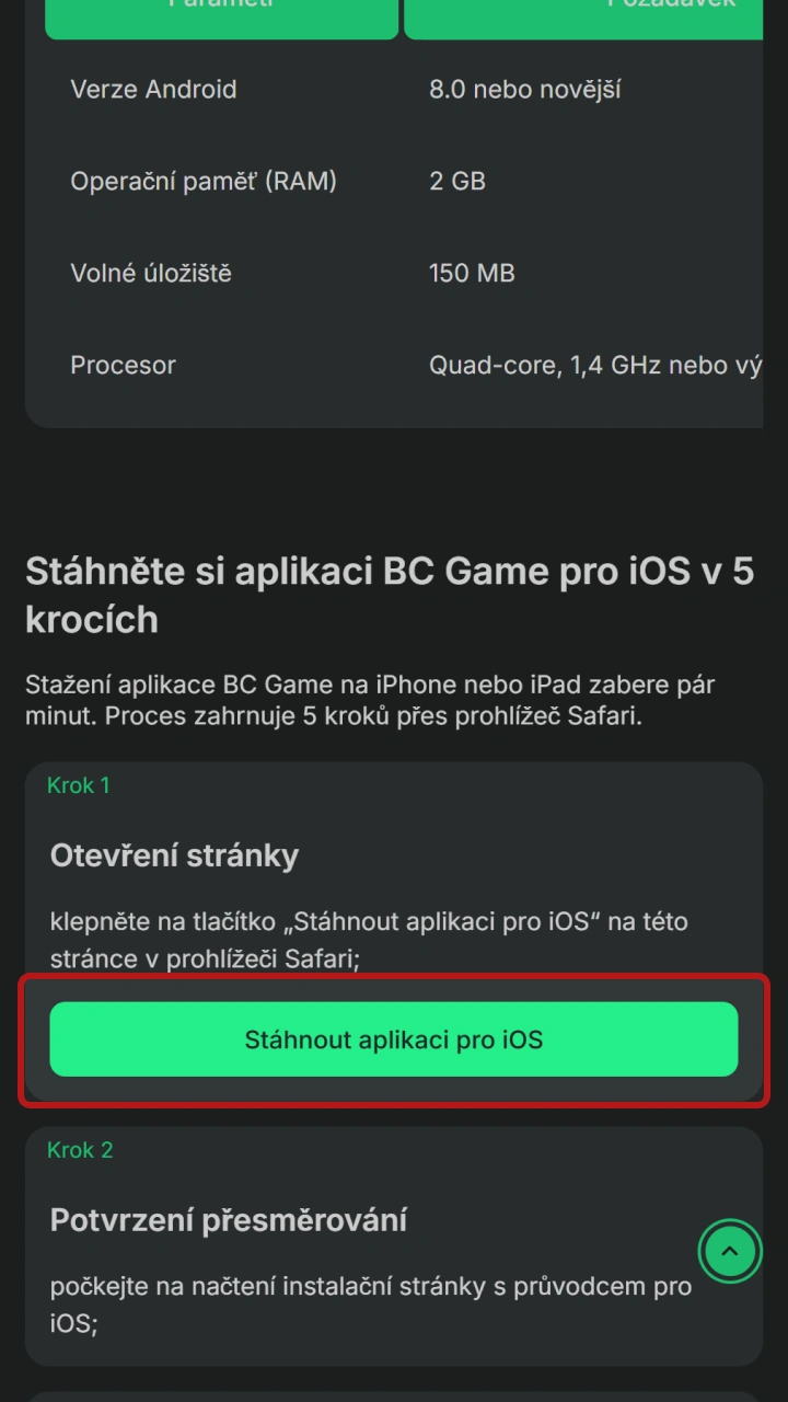 Otevřete stránku iOS v prohlížeči pro zahájení instalace aplikace BC Game.