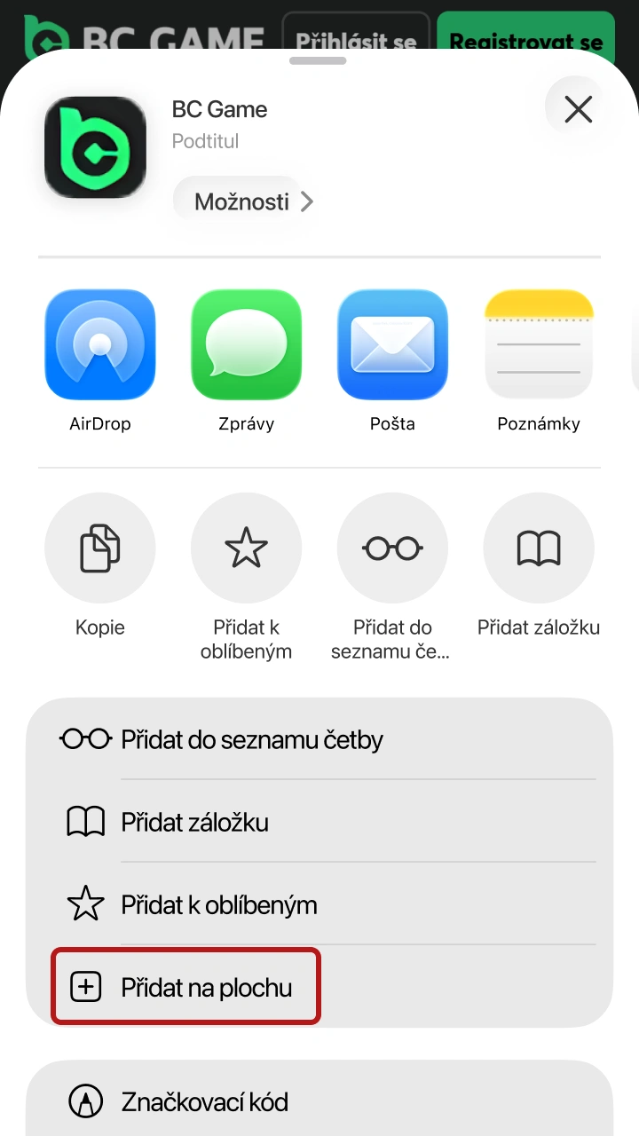 Zvolte možnost přidání na plochu pro instalaci aplikace BC Game iOS.