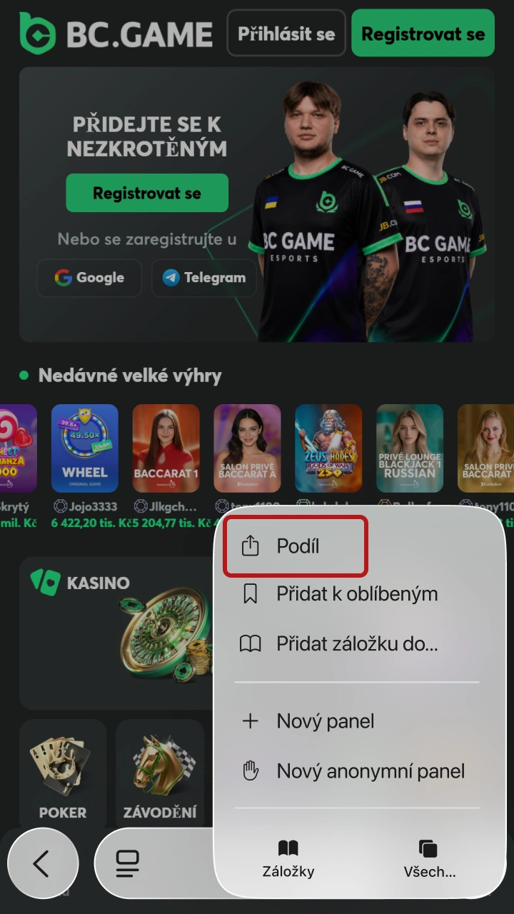 Klikněte na ikonu sdílení v Safari pro uložení aplikace BC Game iOS.