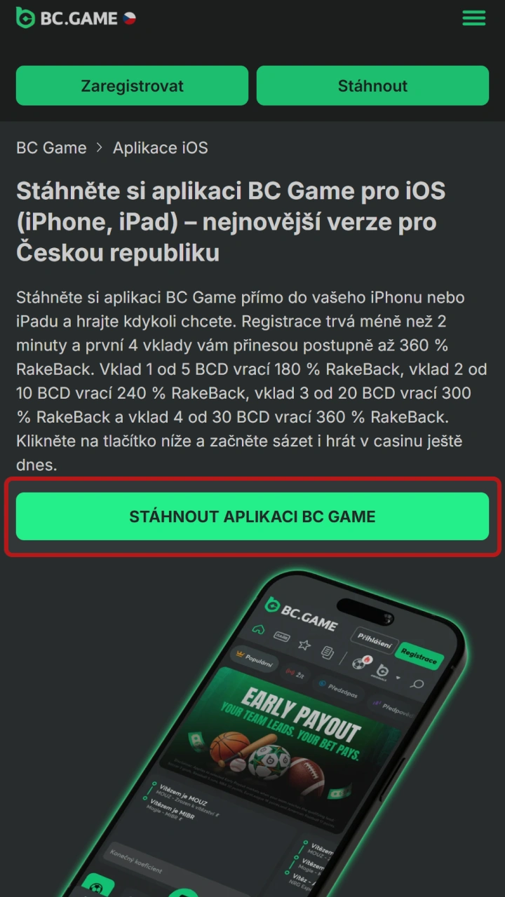 Klikněte na tlačítko a zahajte proces pro stažení iOS aplikace BC Game.