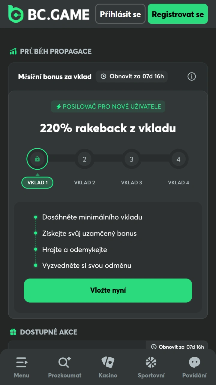 Prozkoumejte dostupné akce a bonusy v aplikaci BC Game pro iOS.