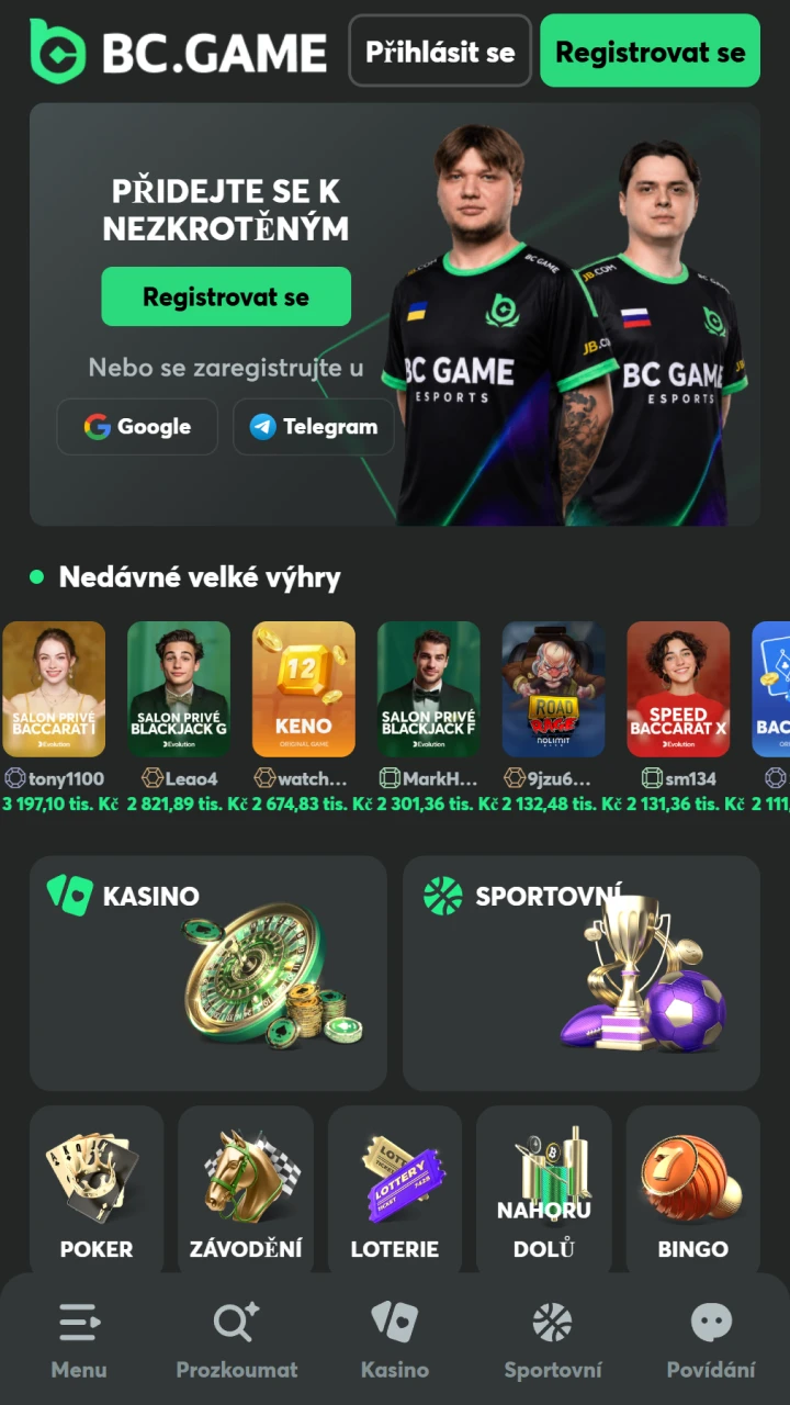 Prohlédněte si domovskou obrazovku v oficiální aplikaci BC Game pro iOS.