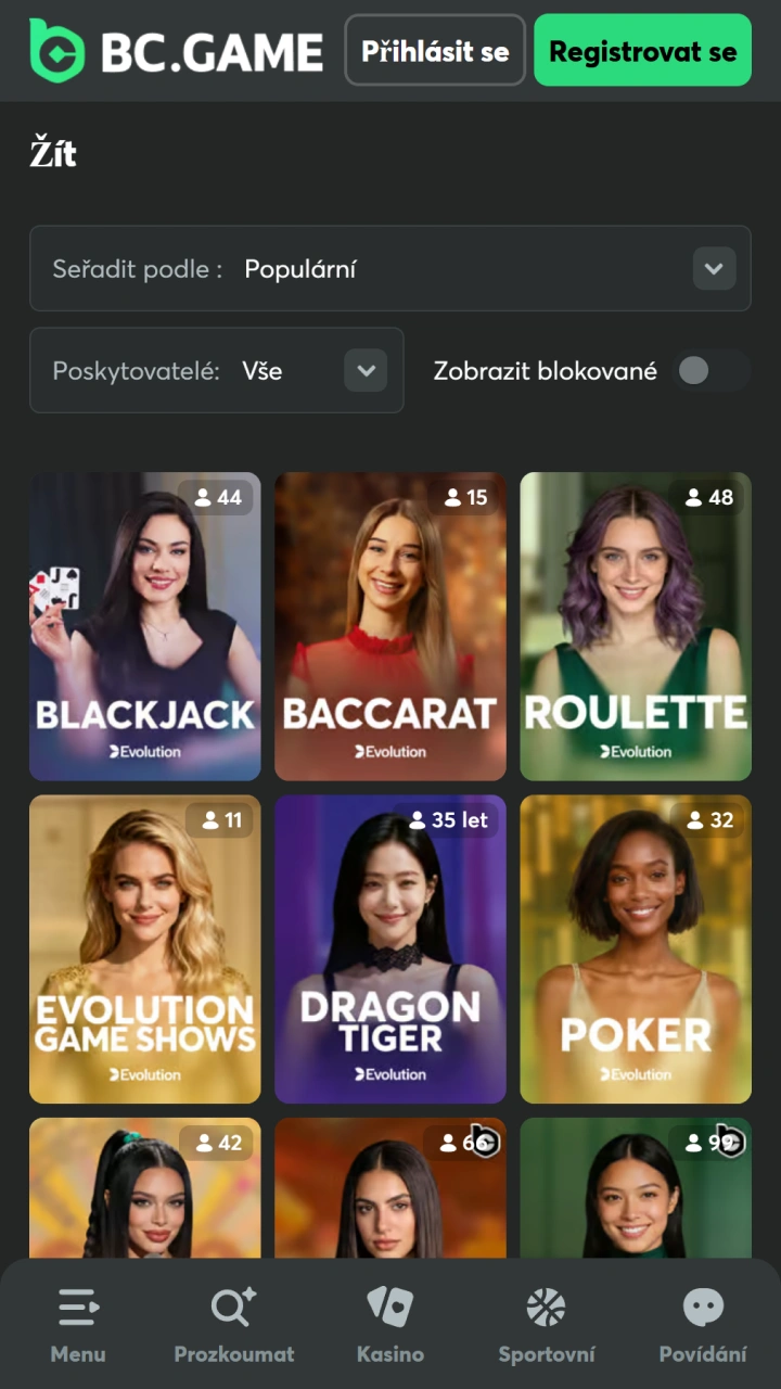 Otevřete si katalog kasinových her v aplikaci BC Game pro iOS.