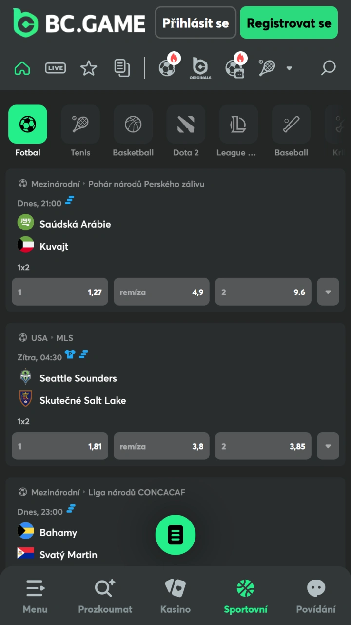Sledujte nabídku kurzů na sport v aplikaci BC Game pro iOS.