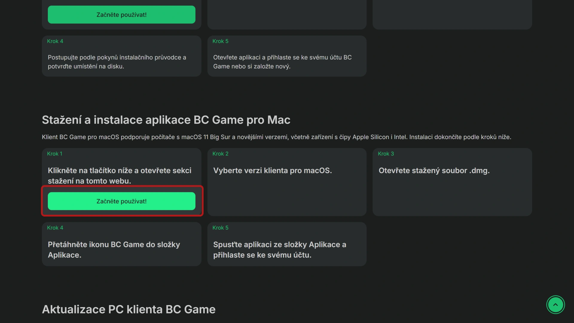 Klikněte na tlačítko pro zobrazení sekce ke stažení Mac aplikace BC Game.
