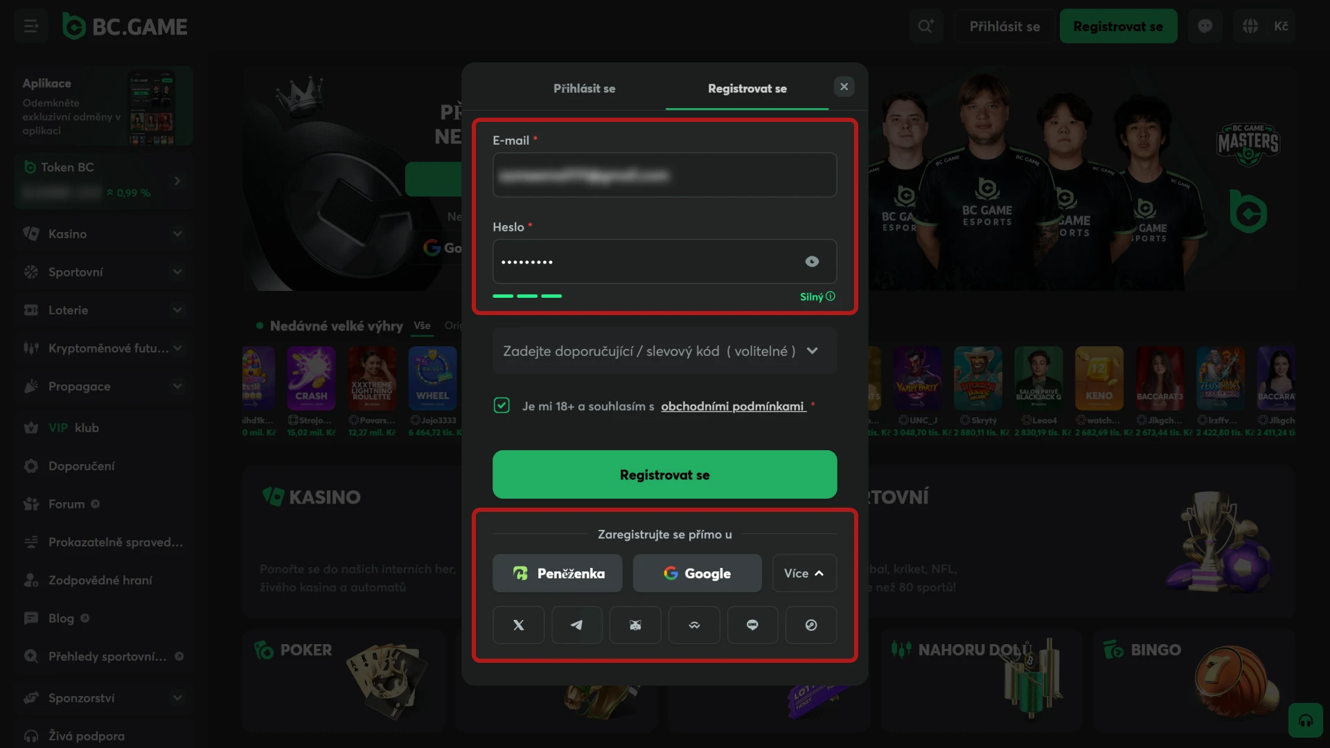 Vyberte preferovanou metodu a vyplňte registrační údaje v PC aplikaci BC Game.