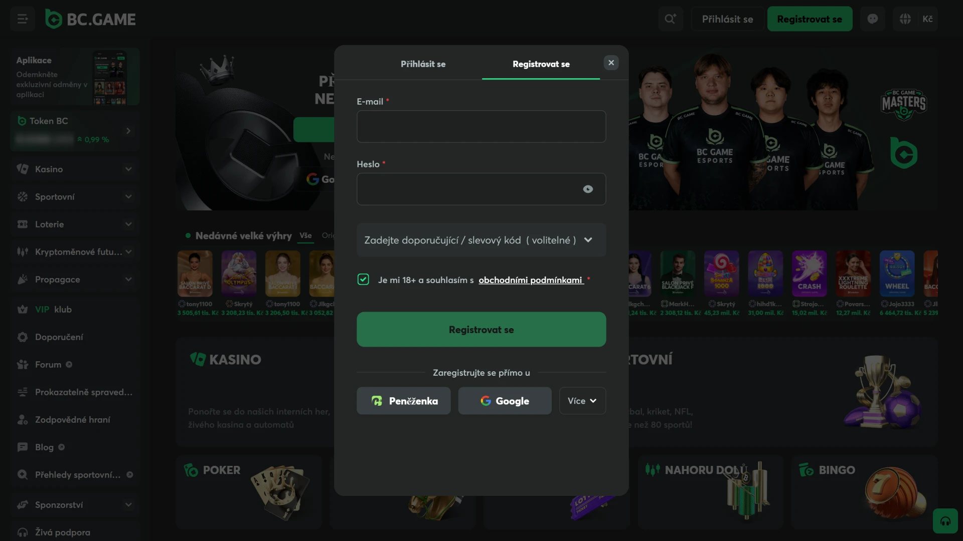 Stiskněte tlačítko pro zahájení registrace v PC aplikaci BC Game.