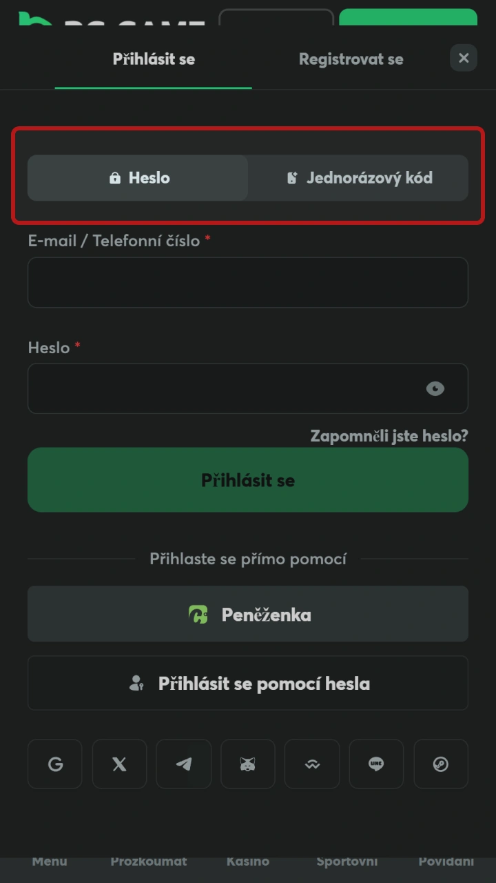 Zvolte preferovanou metodu přihlášení do mobilní aplikace BC Game.