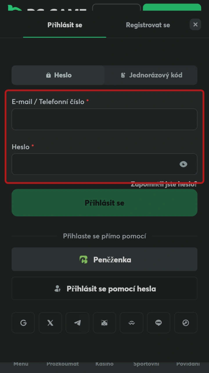 Zadejte přístupové údaje a kód 2FA v aplikaci BC Game.