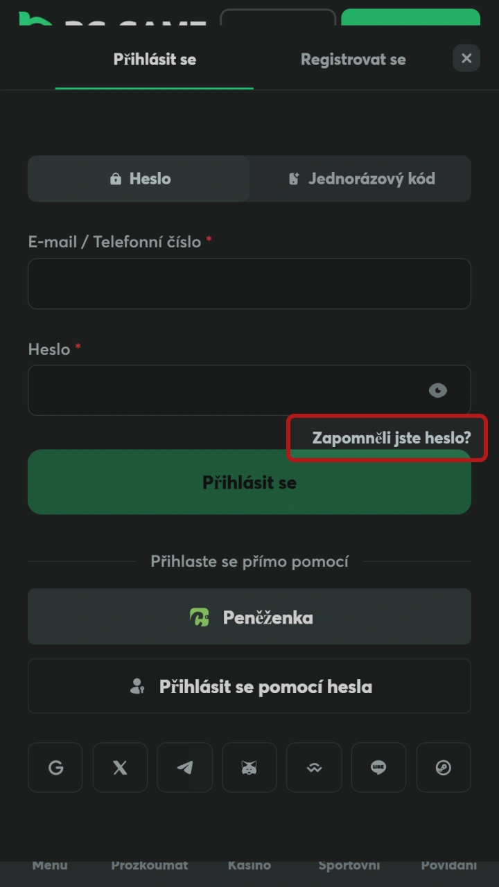 Klikněte na odkaz pro zapomenuté heslo k obnově přístupu na BC Game.