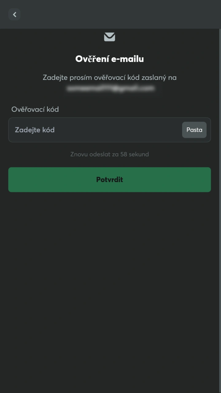 Potvrďte kód a dokončete registraci v BC Game aplikaci.