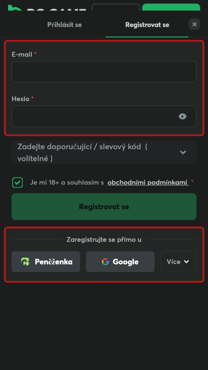 Vyberte metodu pro rychlou registraci v BC Game aplikaci.