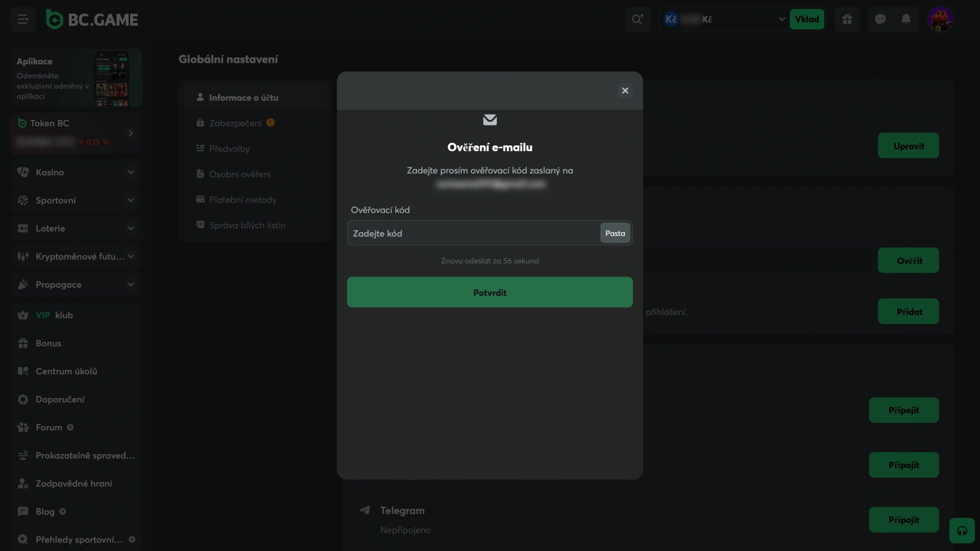 Potvrďte svůj nový BC Game účet a dokončete celou registraci.