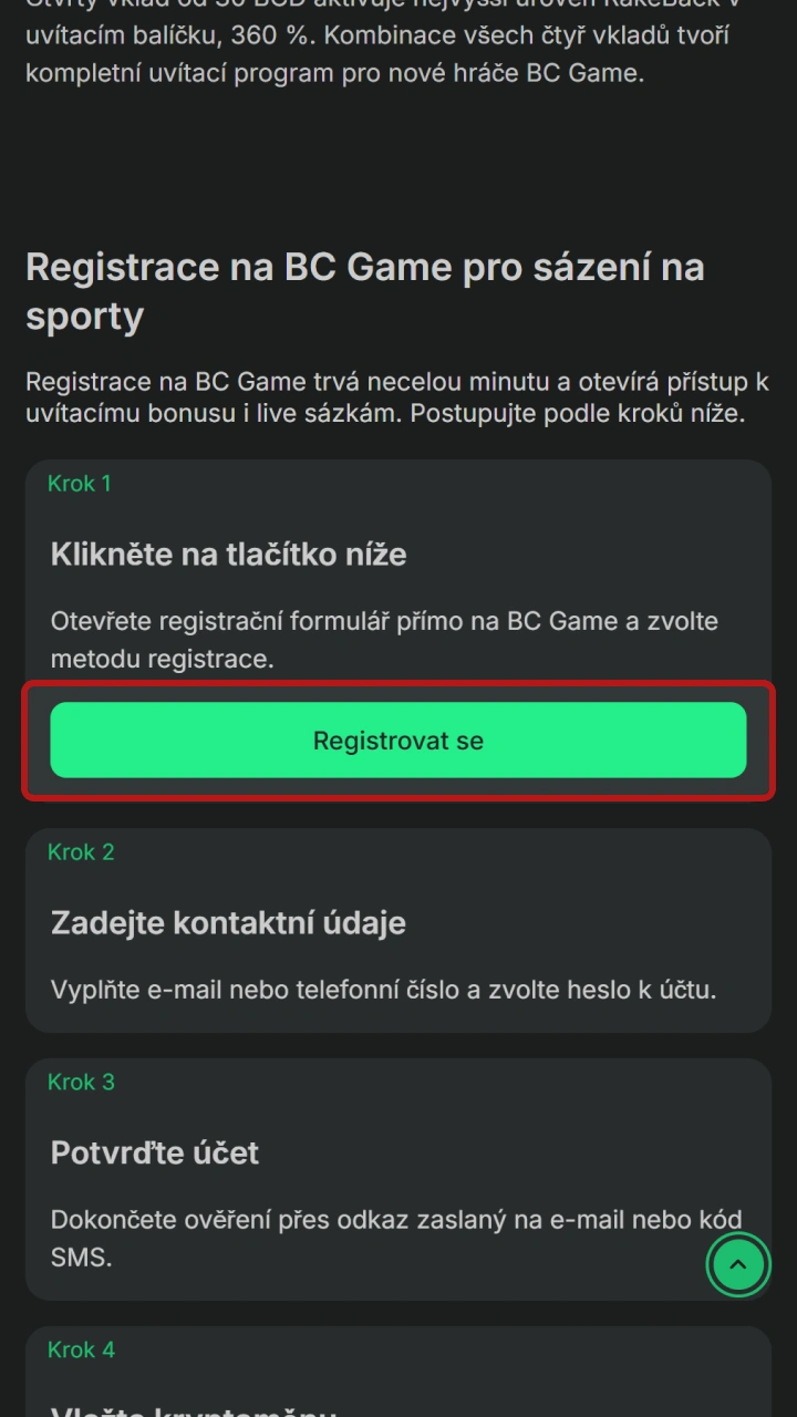 Klikněte na tlačítko a otevřete registrační formulář pro sportovní sázení na BC Game.