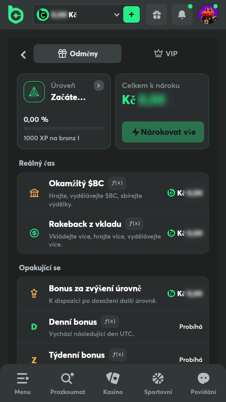 Aktivujte si svůj registrační bonus v profilu na BC Game.