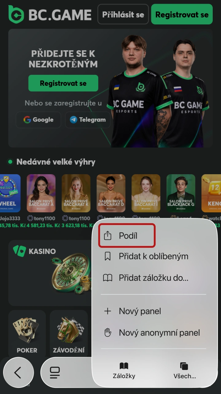 Rozbalte systémovou nabídku pro stažení BC Game Aviator iOS.