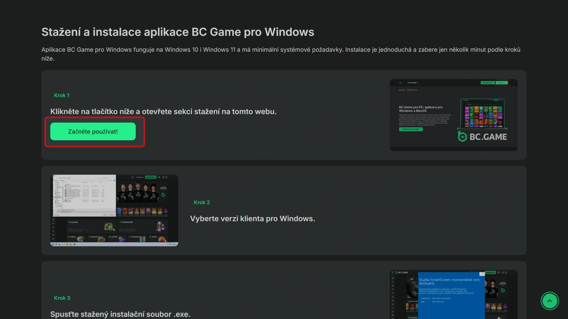 Klikněte na tlačítko a otevřete sekci pro stažení PC aplikace BC Game.