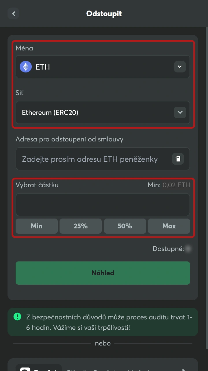 Zadejte výši sumy určené pro BC Game platby výplat.