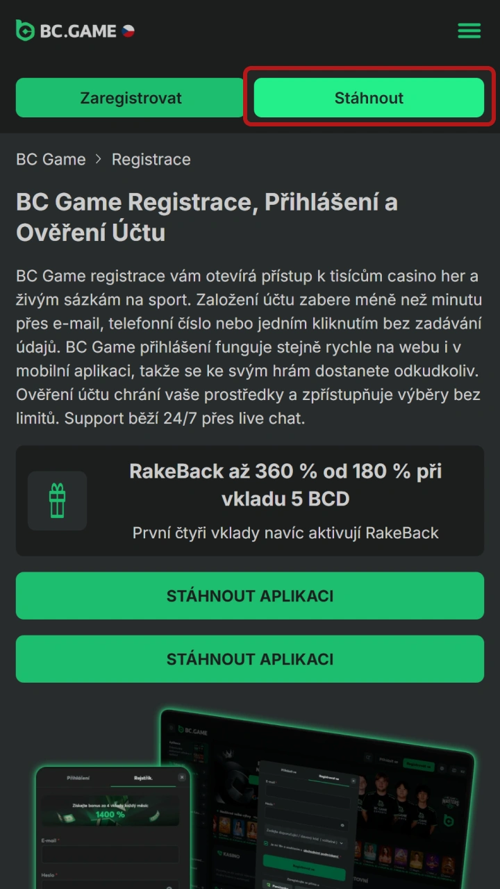 Stáhněte si BC Game aplikaci a zahajte registraci na mobilu.