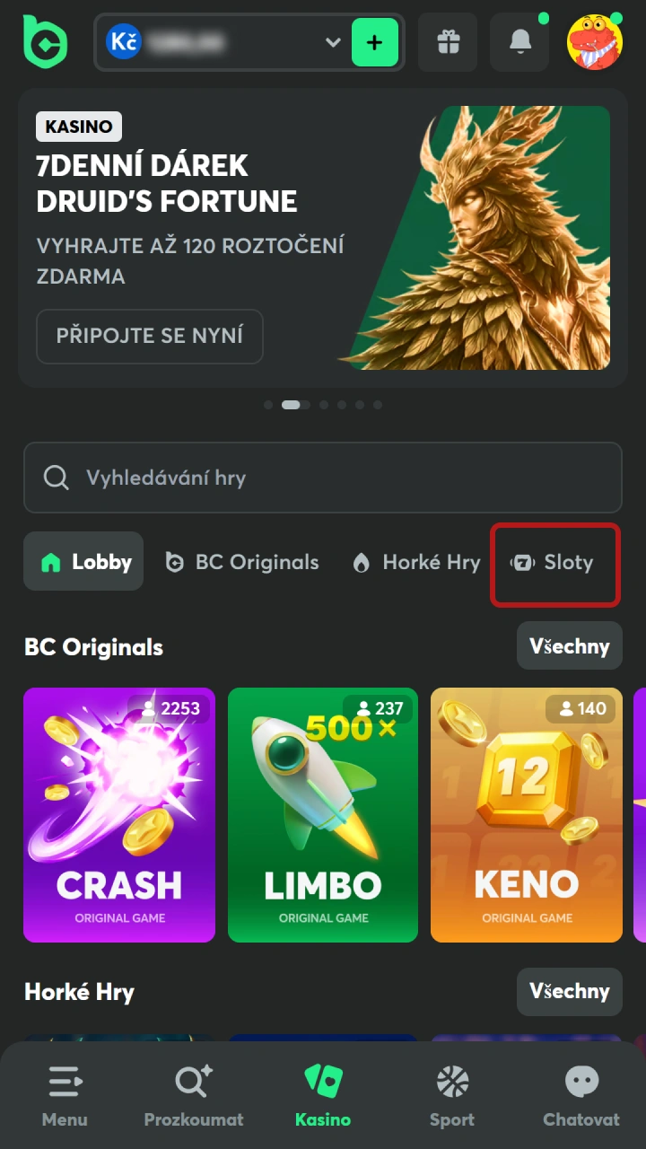 Vstupte do hlavní nabídky pro BC Game sloty jedním kliknutím.