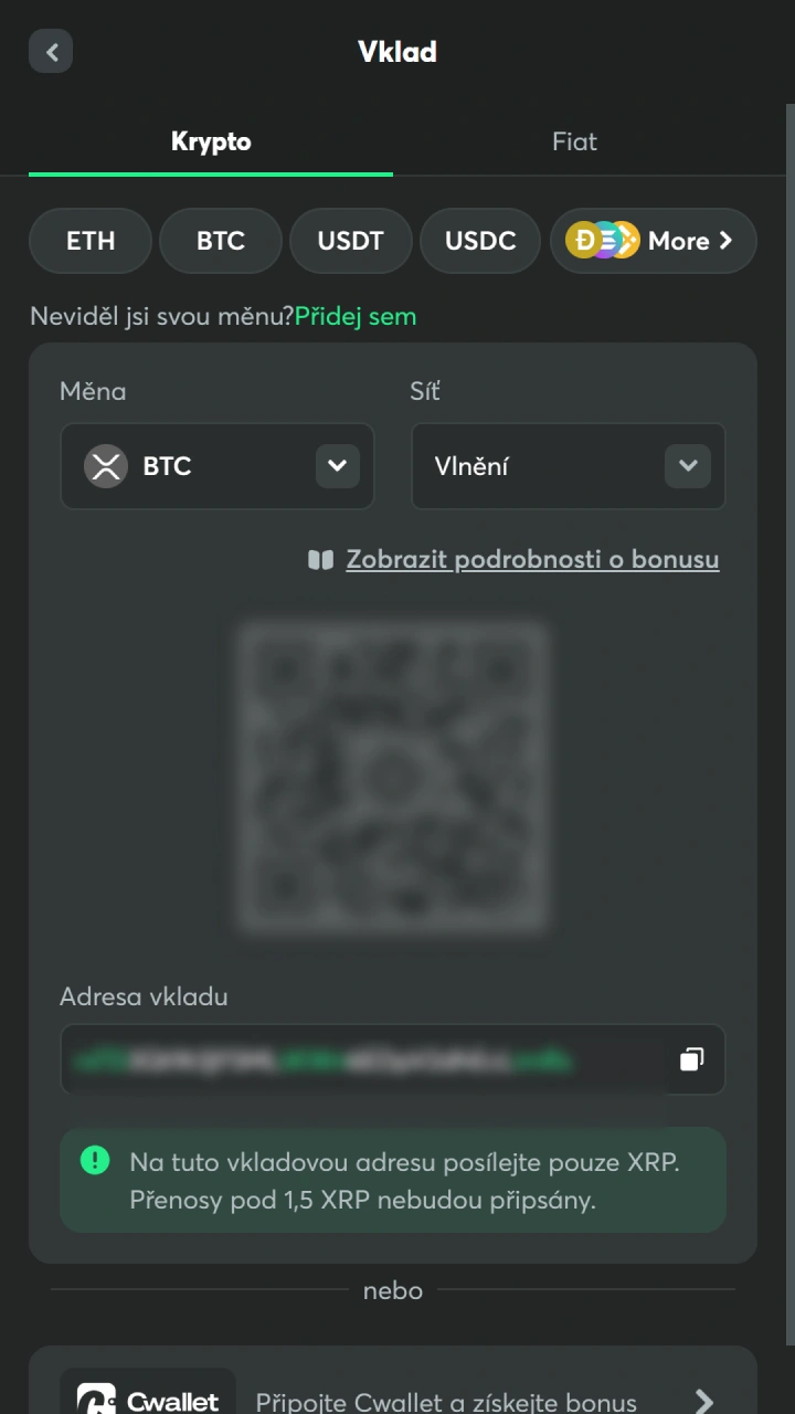 Převeďte částku na adresu určenou pro BC Game vklad.