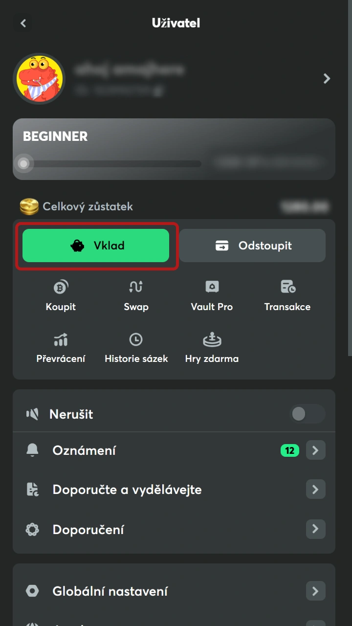 Otevřete finanční nabídku a zapněte BC Game vklad.