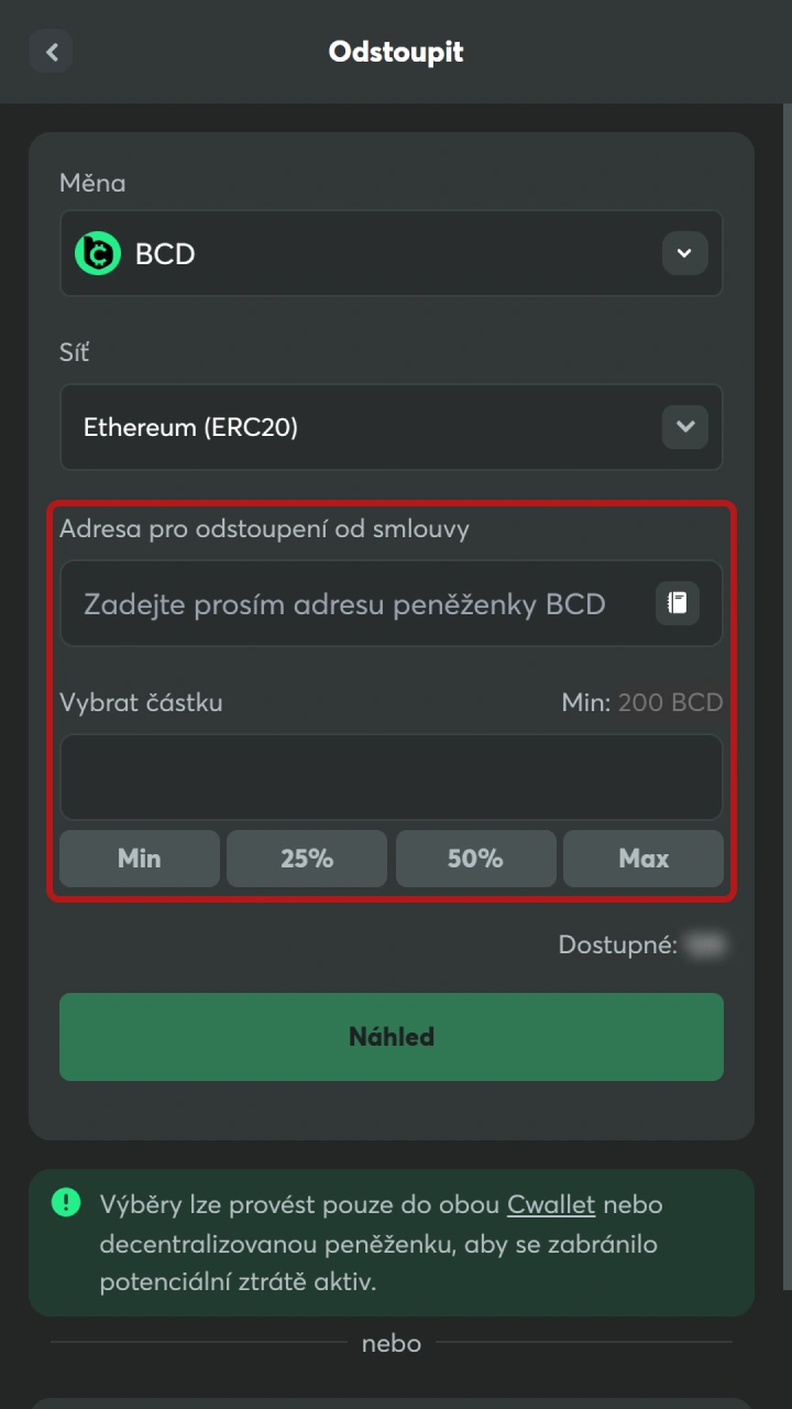 Vyplňte požadované výplatní údaje pro BC Game výběr.